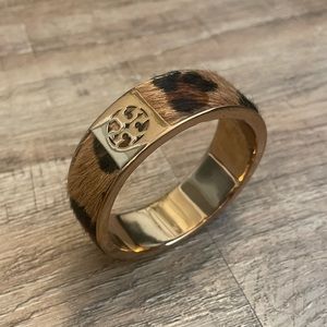 Tory Burch Gold Cuff Bracelet Gavin Wide Leopard Print Calf Hair Bangle
